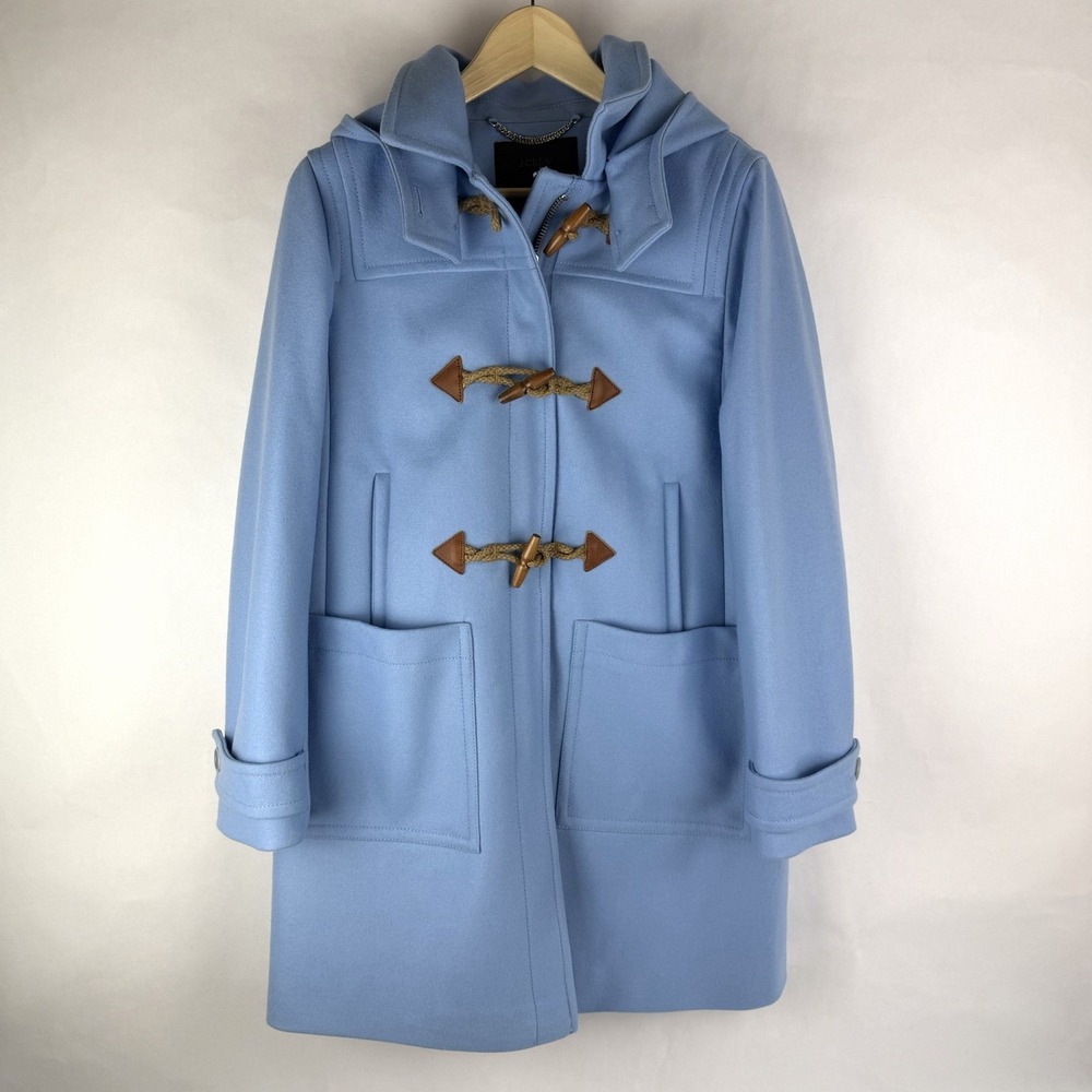 NWOT J Crew Italian Wool Toggle Coat Sz 12 PETITE 12P Light Blue Hooded Stadium